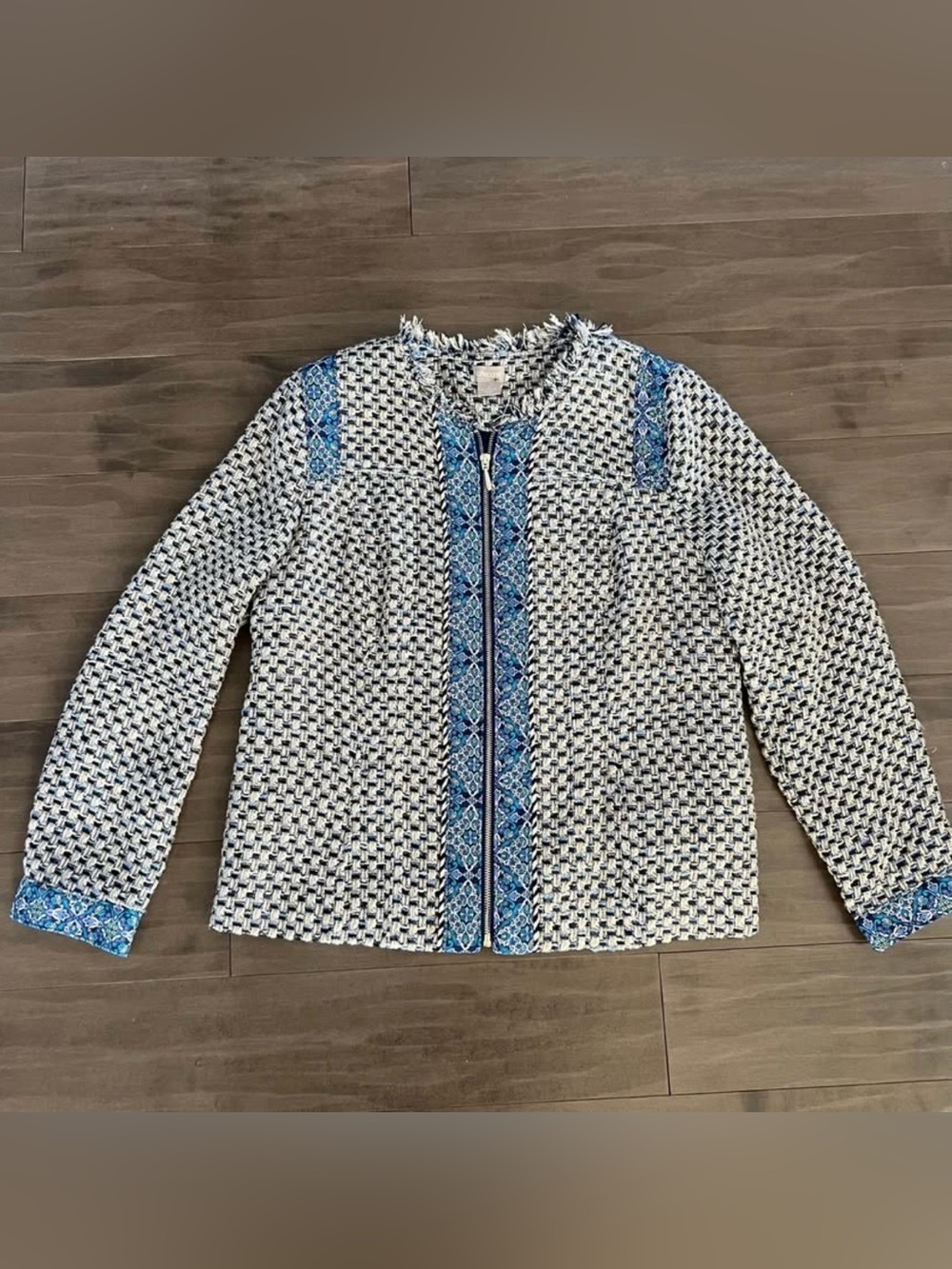 CHICO'S Blue Ivory Tweed Boucle Zip Front Jacket Size 2= US Size 12